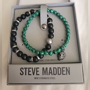 Steve Madden Men's Multi-colored 2 ~ Beaded Bracelets Green/Lion  Black